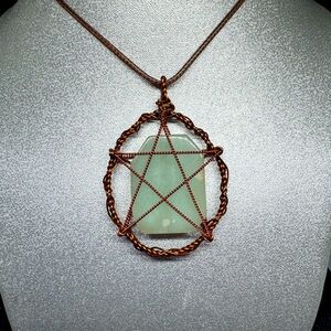 Copper Wire Wrapped Green Pendant Necklace